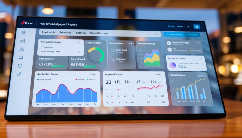 A high-resolution image of a digital dashboard displaying the real-time status of a Rocket Mortgage application. The dashboard features a streamlined interface with clear progress indicators, data visualizations, and interactive elements. The foreground shows a clean, modern design with colorful graphs and charts highlighting the application's current stage, approval status, and key milestones. The middle ground features a minimalist layout with subtle animations and customizable settings, while the background showcases a blurred cityscape, conveying a sense of technology and urban progress. The overall tone is sleek, professional, and inspiring, reflecting the efficiency and reliability of the Rocket Mortgage platform.